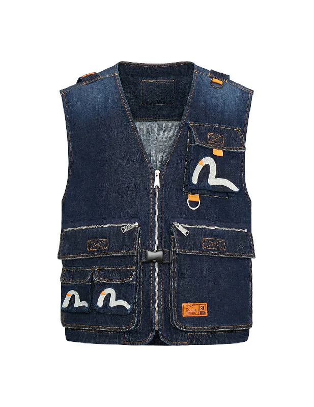 Seagull Embroidered Multi-pocket Denim Vest