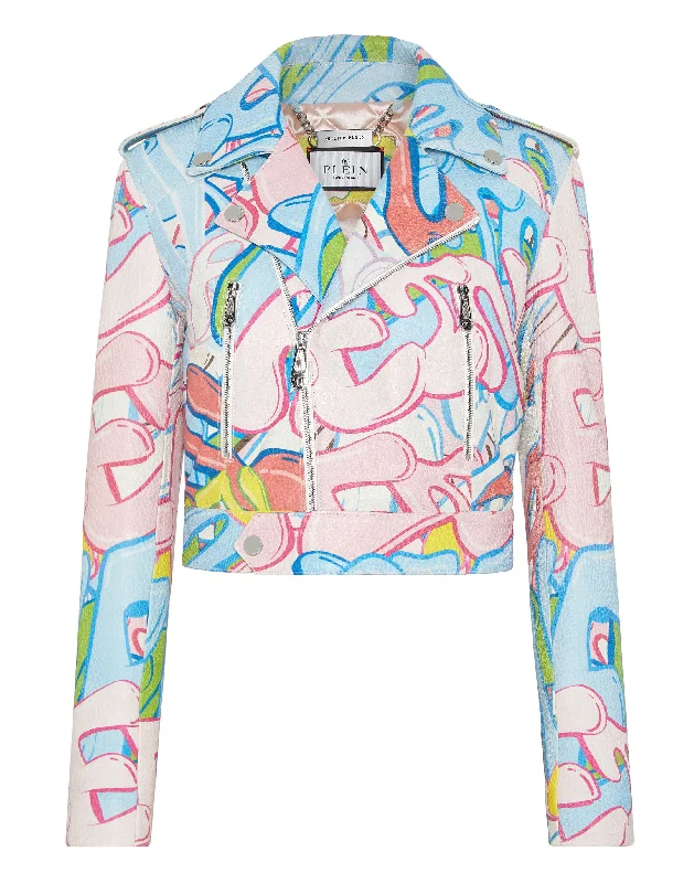 Cropped Boxy Biker Jacket Bombing Graffiti