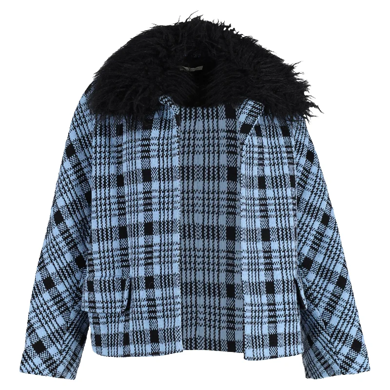 Dries Van Noten Open Plaid With Fur Jacket in Blue Wool