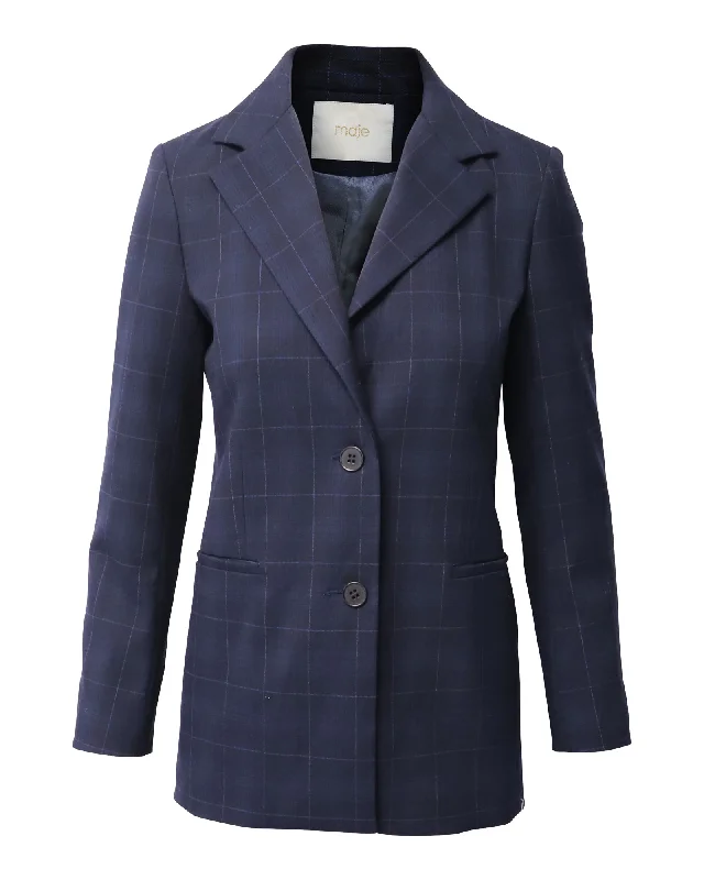 Maje Plaid Blazer Jacket in Navy Blue Polyester