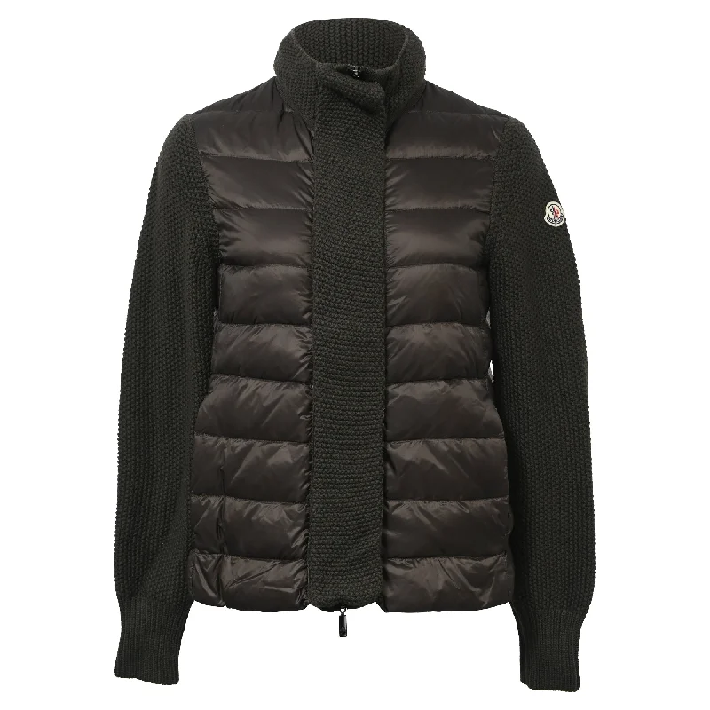 Moncler Contrasted Knit and Quilt Down Jacket in Green Nylon and Wool