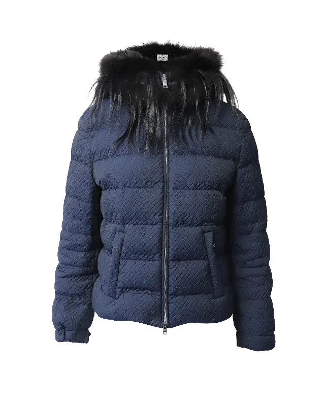 Prada Padded Jacket with Fur Collar in Navy Blue Polyester