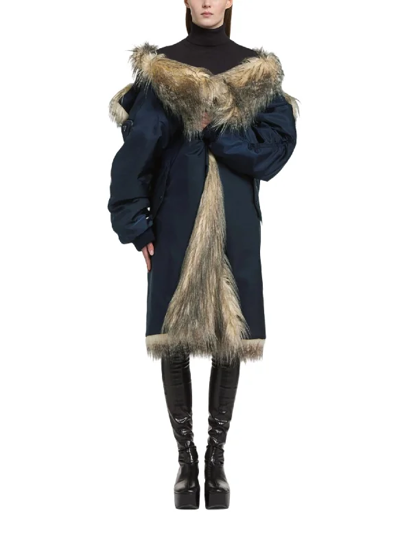 Re-Nylon Faux Fur-Trimmed Coat In Navy