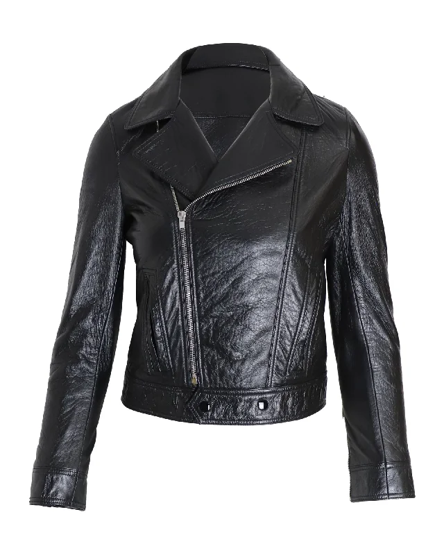 Saint Laurent Asymmetric Biker Jacket in Black Lambskin Leather