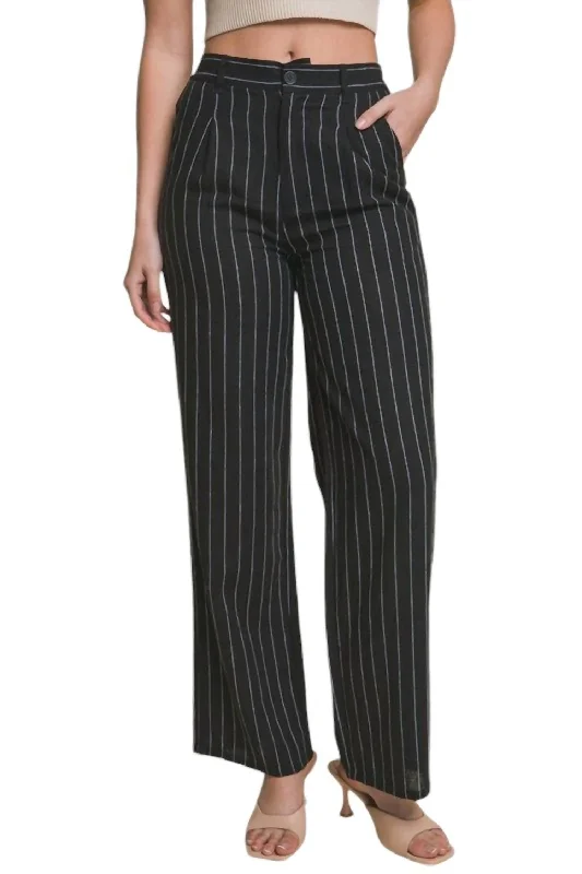 Cotton Linen Straight Pants In Black/white Stripe