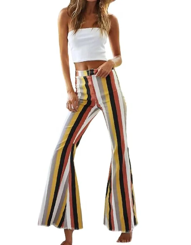 Multicolor Stripe Bell Bottom Pants In Red Multi