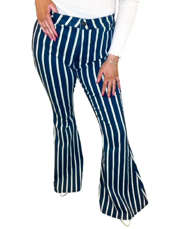 Stripe Flare Jeans In White & Green Pinstripe