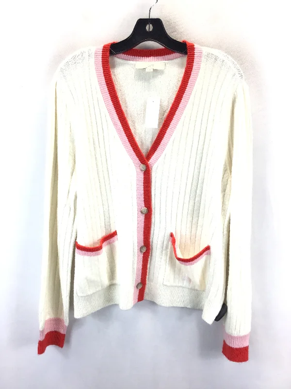 Sweater Cardigan By Loft In Pink & White, Size: Xl